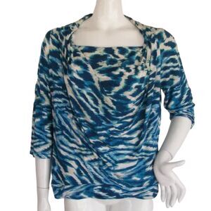 CHICO'S Tunic, 2/L, Blue/White, Drape neck, 3/4 sleeves